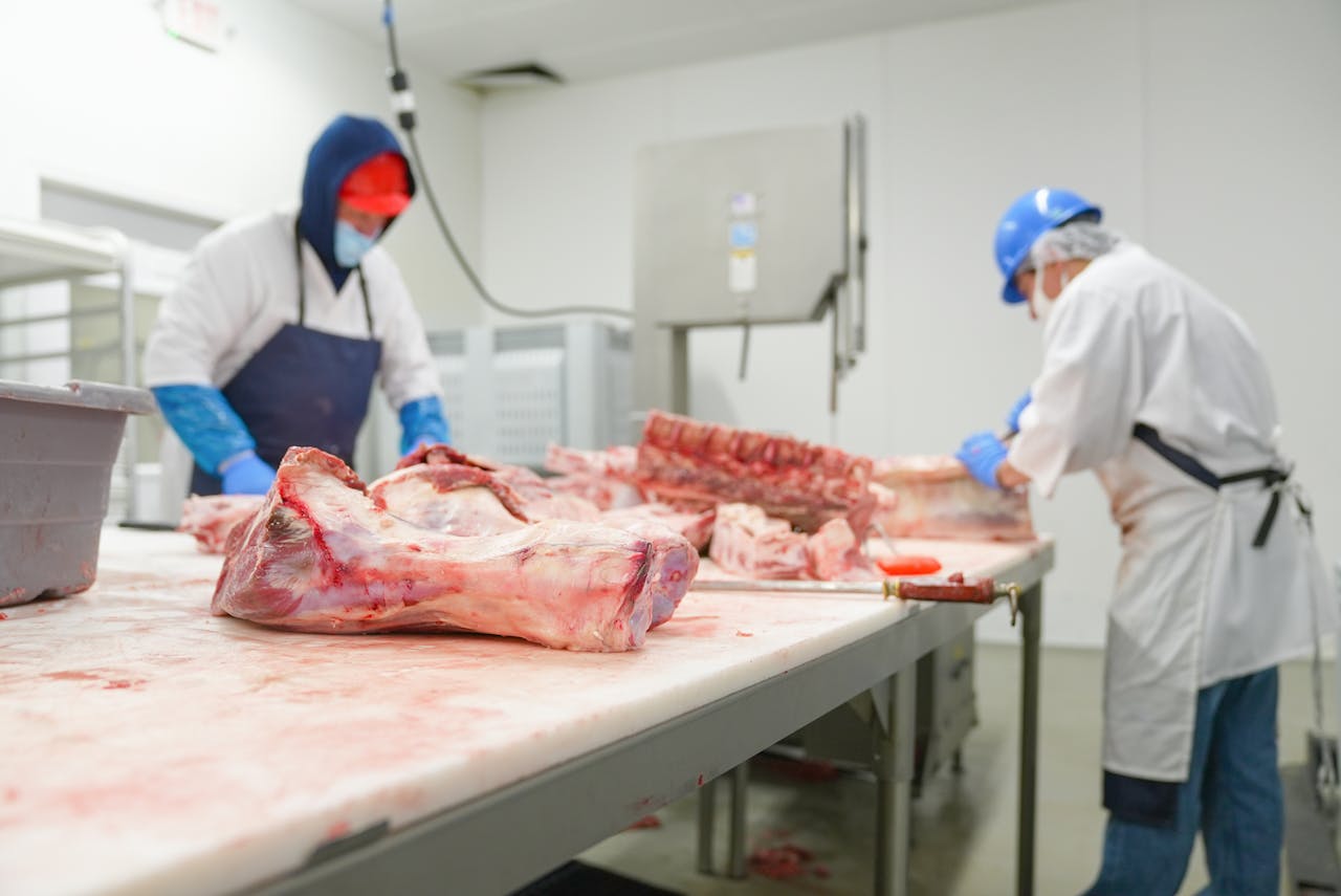 testimonial-img Two butchers process raw meat in an indoor industrial facility, highlighting freshness and safety.